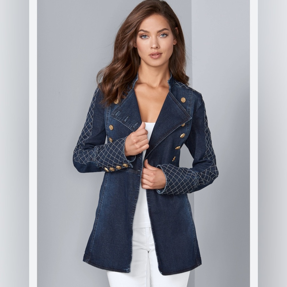 Denim Double-Breasted Quilted Sleeve Coat - Navy